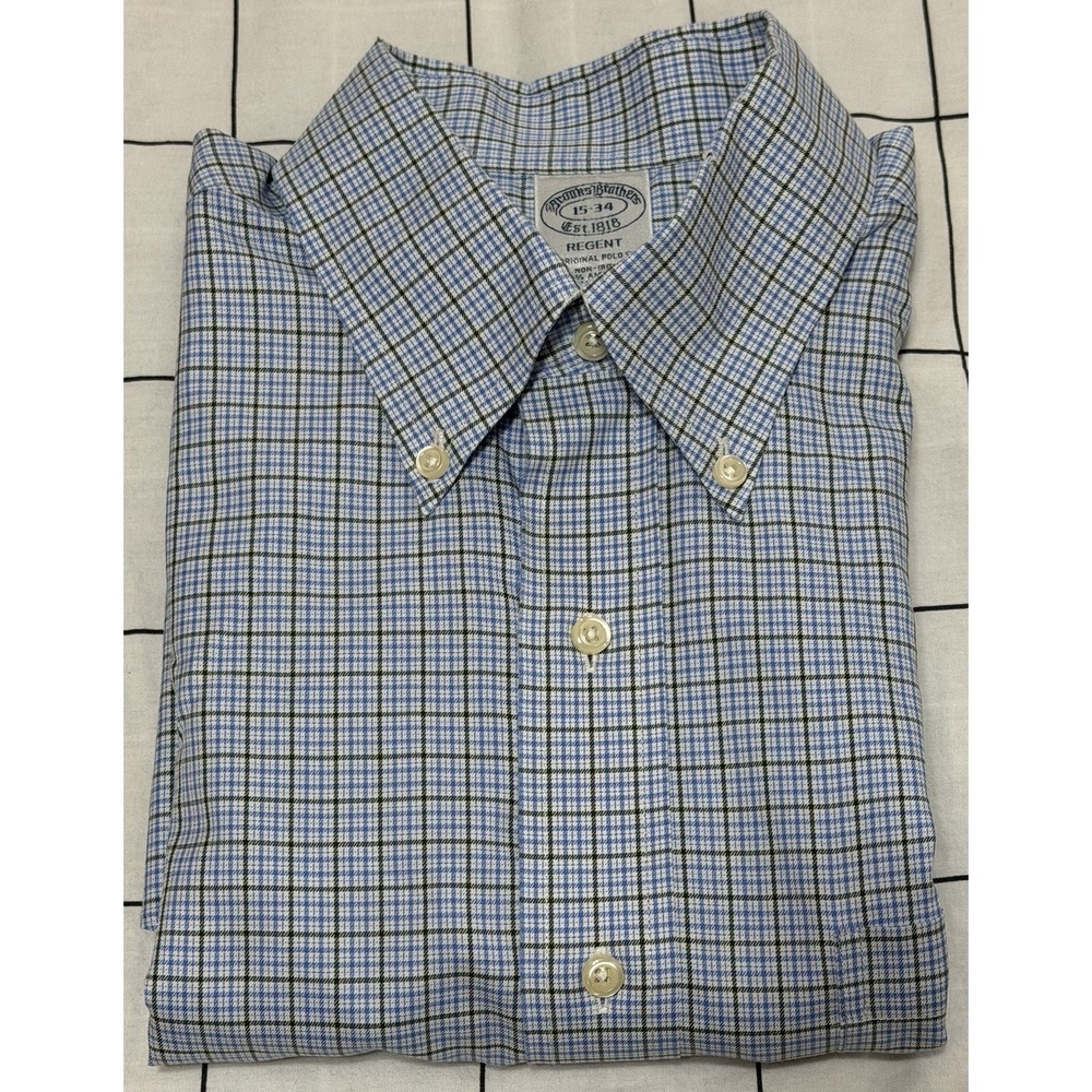 Brooks Brothers Regent Dress Shirt Mens 15-34 Blue Plaid Button Up Supima Cotton